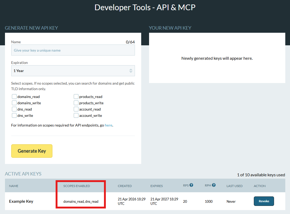 Client Admin_Developer Tools_Example Key with Scopes_Red Box.png