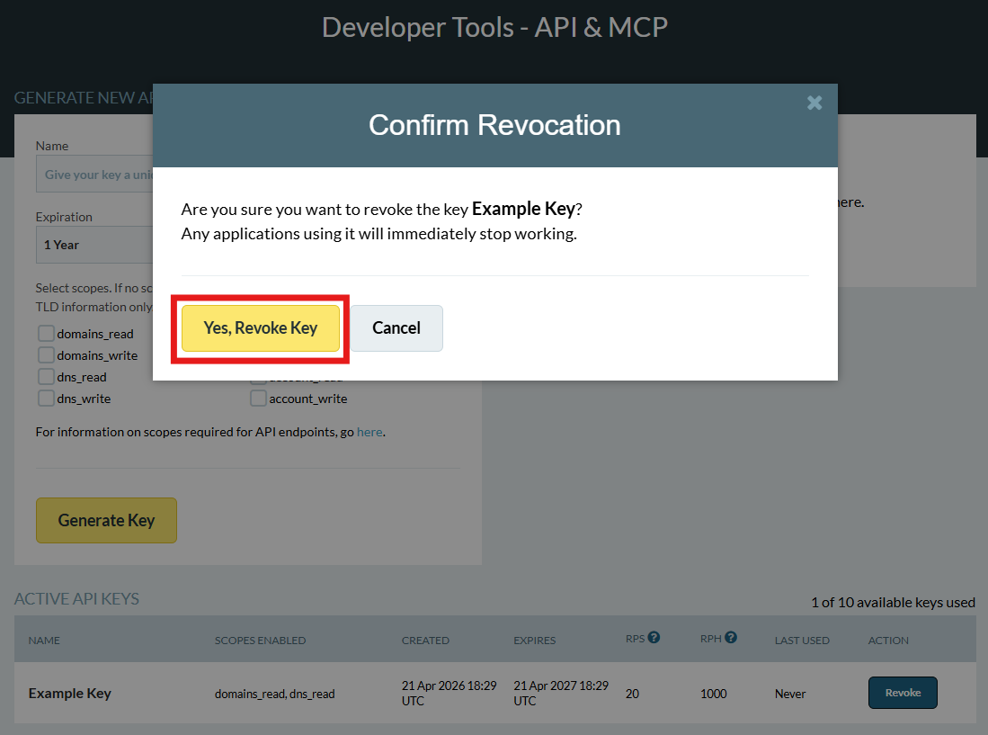 Client Admin_Developer Tools_Example Key_Confirm Revoke_Red Box.png